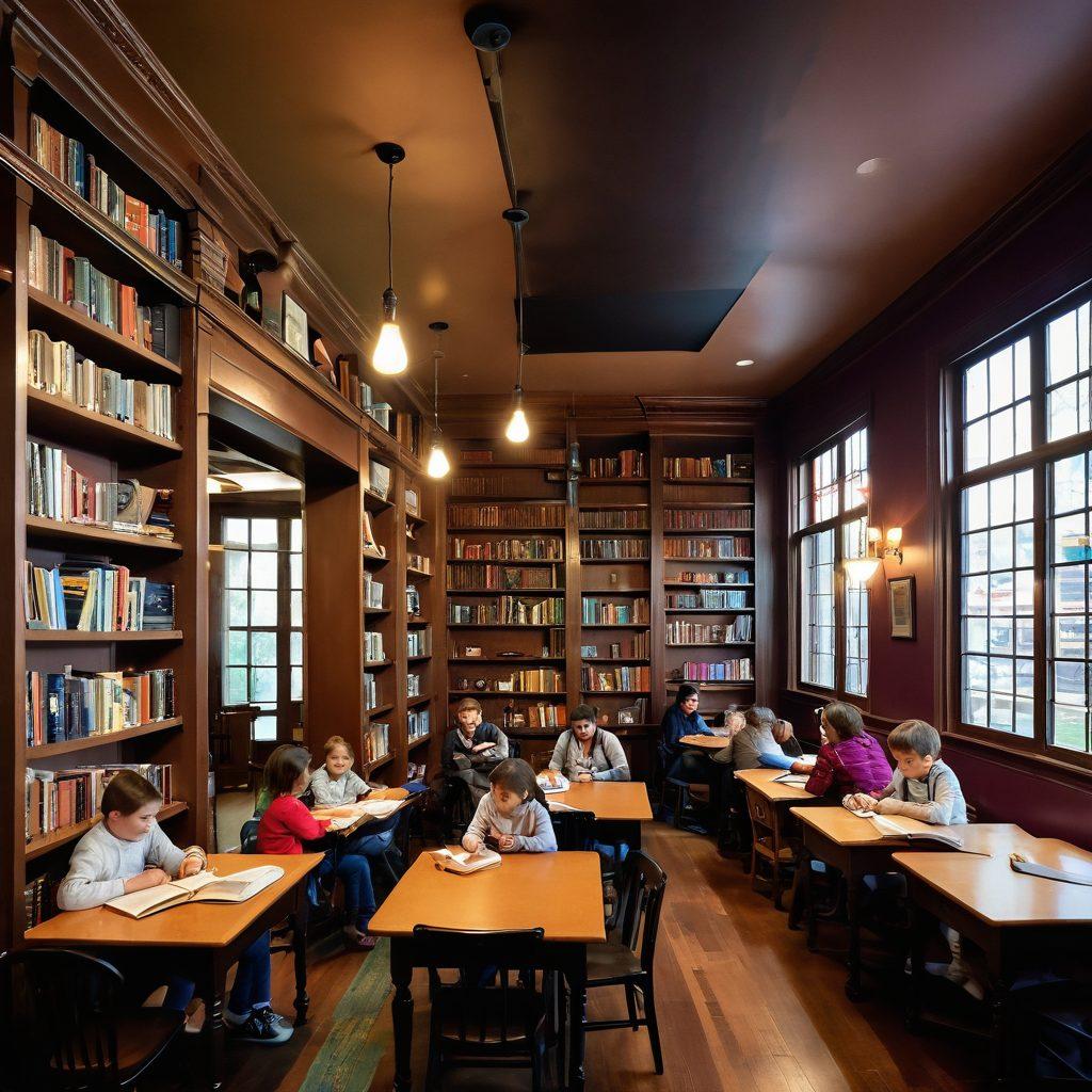 A cozy library bustling with diverse groups of people of all ages, engrossed in storytelling sessions. Colorful bookshelves line the walls, with storybooks spilling onto a large table where children and adults gather, sharing laughter and excitement. Warm lighting emanates from vintage lamps, creating an inviting atmosphere. A whimsical storybook character in the background adds an element of magic to the scene. soft-focus. vibrant colors. cozy ambiance.