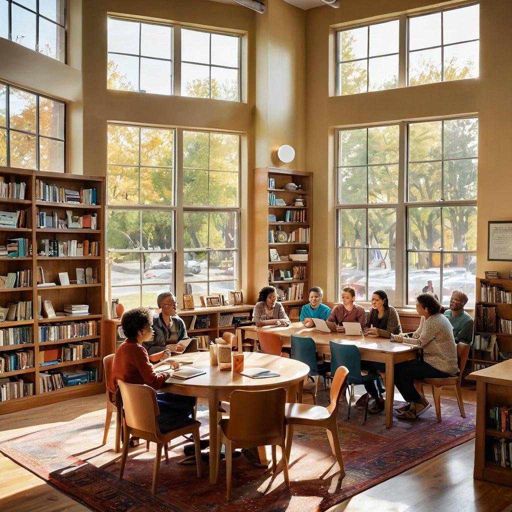 A warm, inviting library setting with a group of diverse people of all ages engaging in a lively book discussion around a wooden table. Colorful bookshelves in the background filled with various genres. Soft sunlight streaming through large windows, illuminating smiles and animated expressions. Elements of community such as a bulletin board displaying upcoming events and a cozy reading nook in the corner. super-realistic. vibrant colors. warm tones.